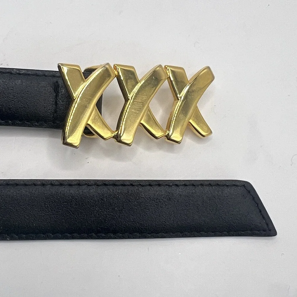VTG Paloma Picasso Black Leather Belt Triple XXX Gold Tone Buckle S/70 Italy